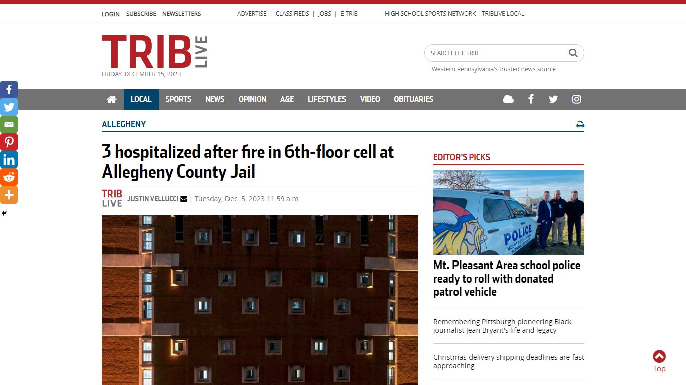 3 hospitalized after fire in 6th-floor cell at Allegheny County Jail
